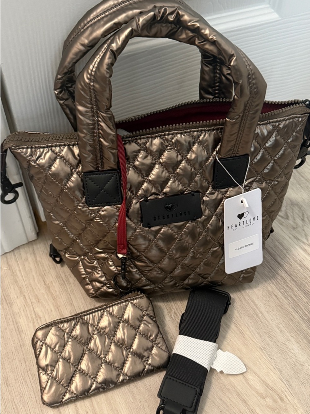 HeartLove by Charo Quilted Bronze Tote Bag w/ Strap & Pouch – NWT ✨